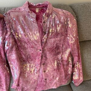 Pilcro Pink Sequin Button-Up Blouse